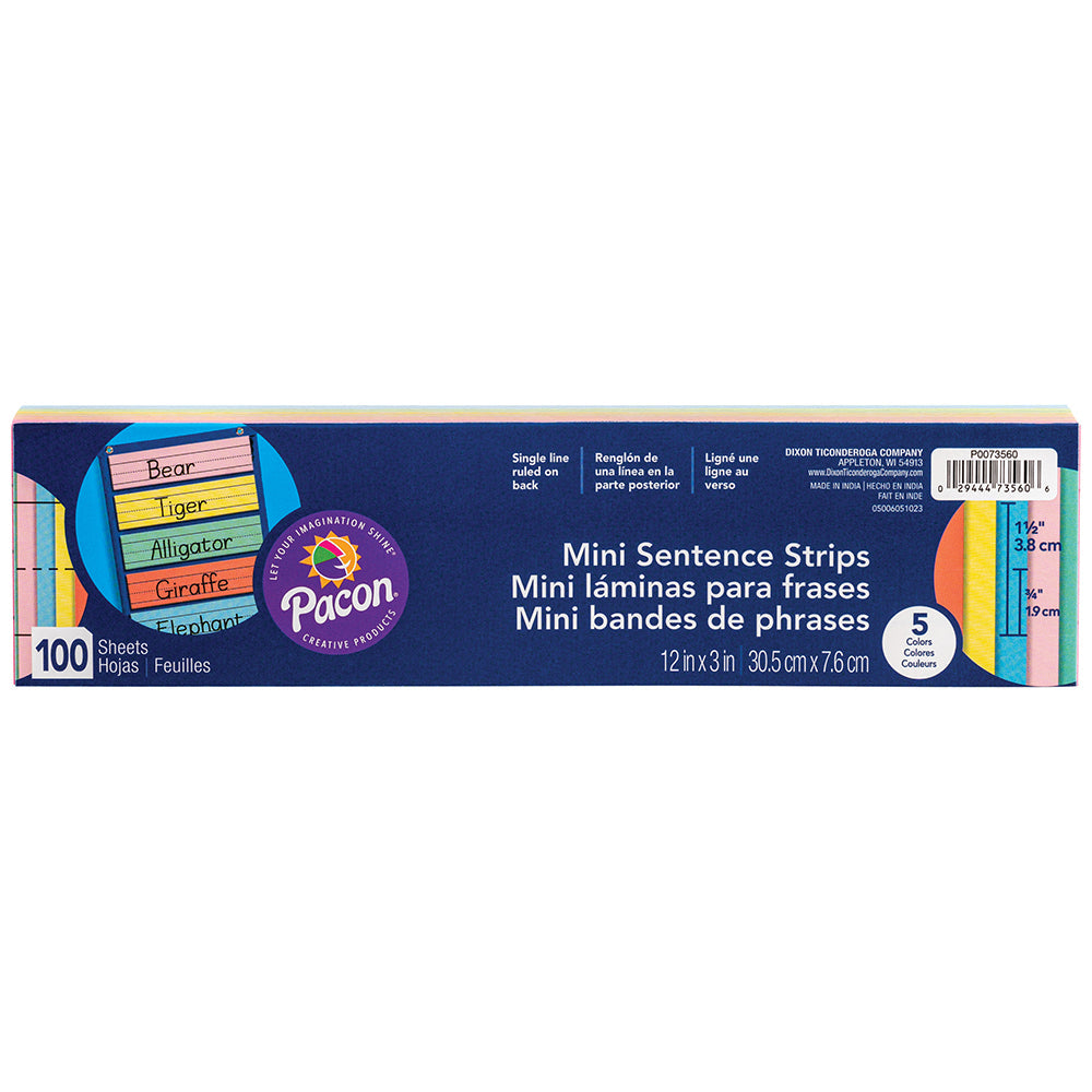 3x12 Mini Sentence Strips | 100-Pack Double-Sided Ruled in Assorted Colors