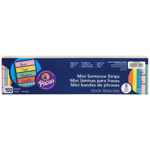 3x12 Mini Sentence Strips | 100-Pack Double-Sided Ruled in Assorted Colors